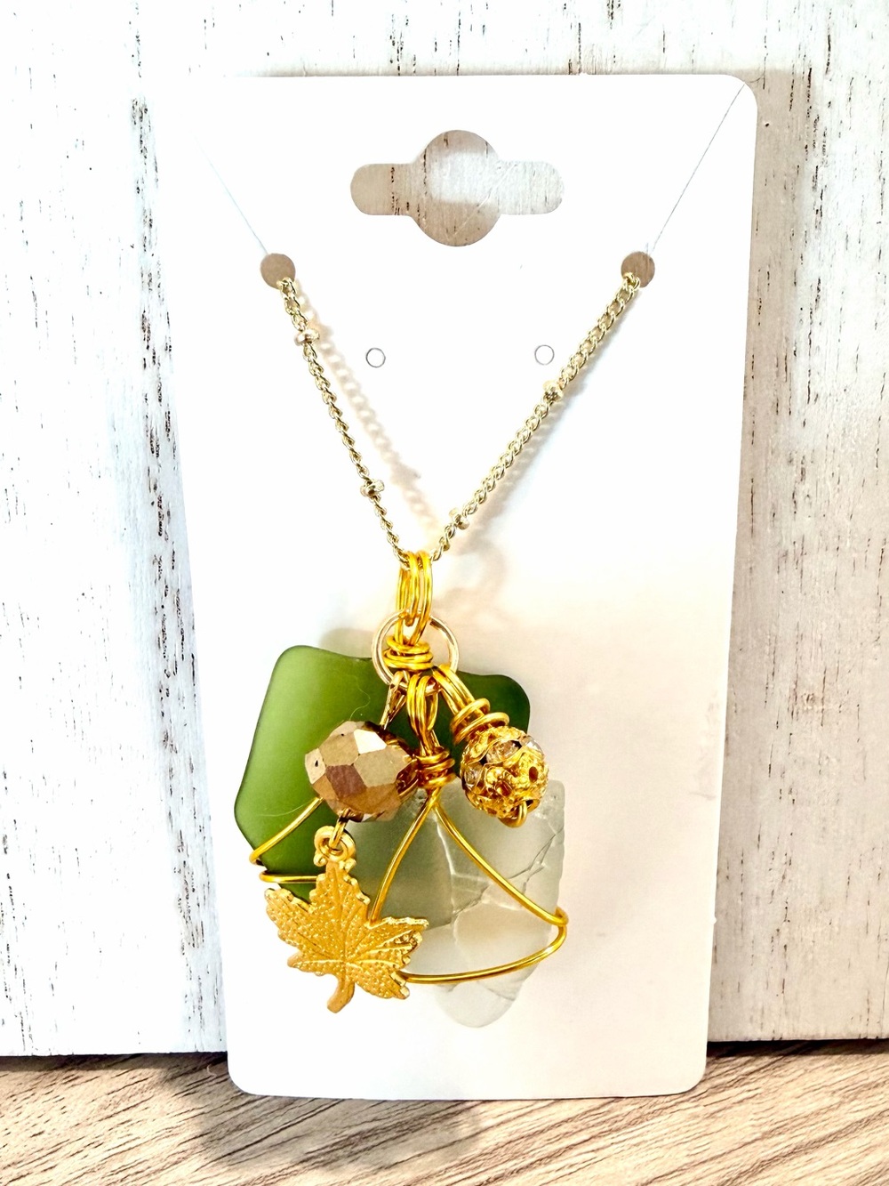 94. Gold Leaf & Green Sea Glass Pendant Necklace